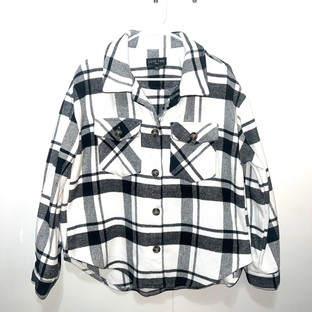 Love Tree‎ Womens S Plaid Shirt Jacket Shacket Black White